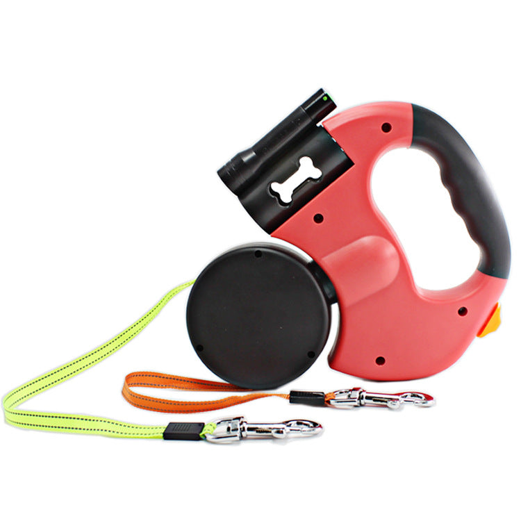 Dual Head Retractable Pet Leash With Flashlight And Bag Dispenser