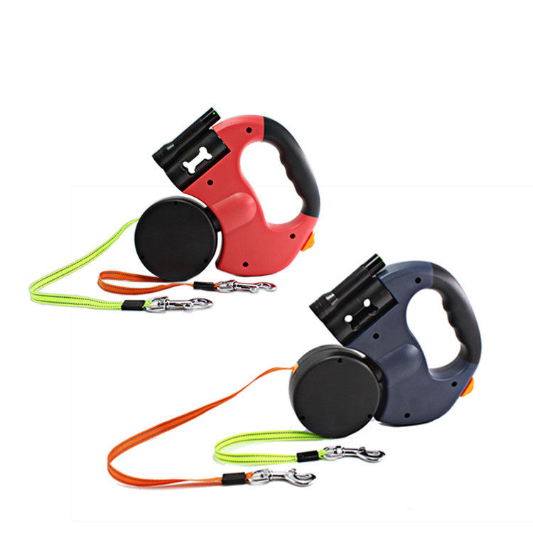 Dual Head Retractable Pet Leash With Flashlight And Bag Dispenser