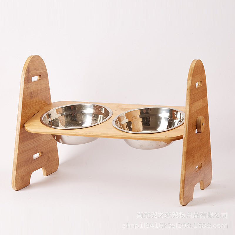 Pet Bamboo Stand Double Stainless Steel Feeding Bowl