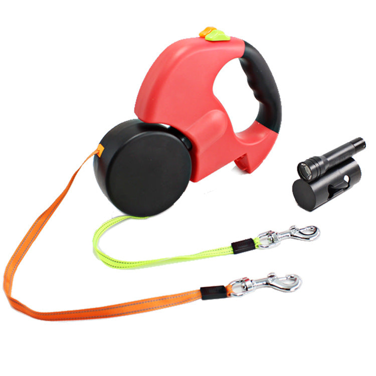 Dual Head Retractable Pet Leash With Flashlight And Bag Dispenser