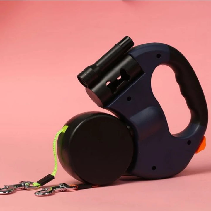 Dual Head Retractable Pet Leash With Flashlight And Bag Dispenser