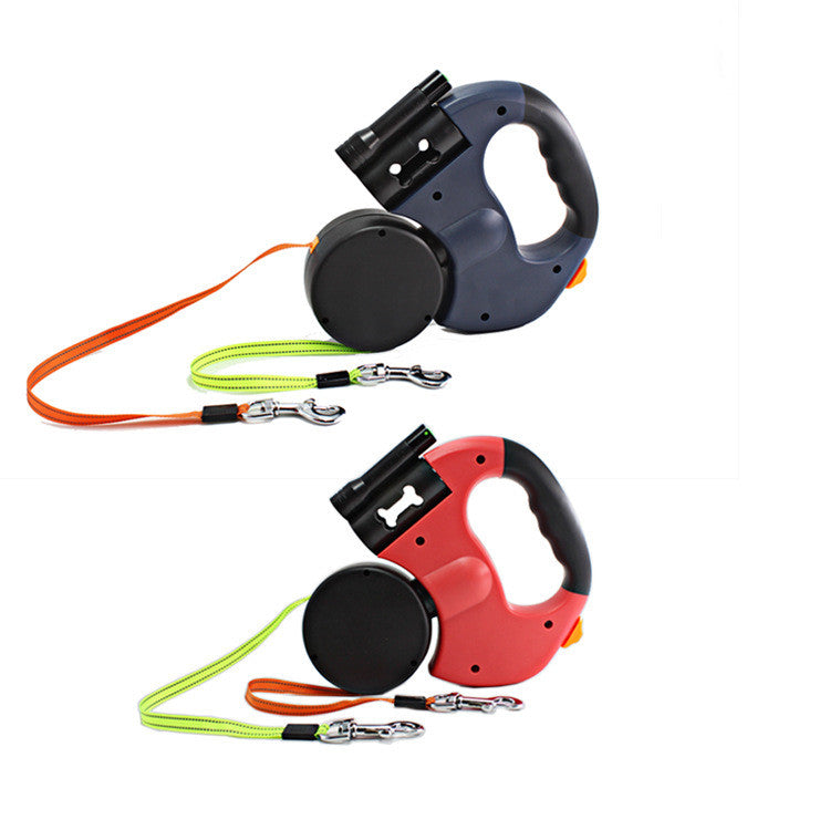 Dual Head Retractable Pet Leash With Flashlight And Bag Dispenser