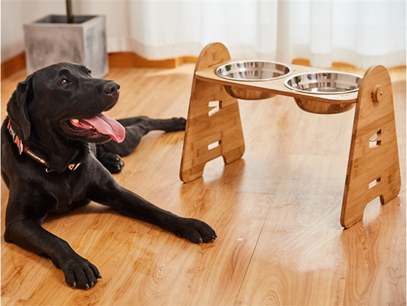 Pet Bamboo Stand Double Stainless Steel Feeding Bowl
