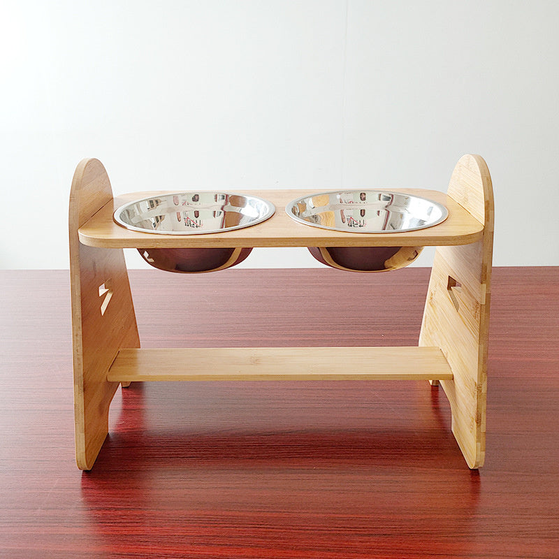 Pet Bamboo Stand Double Stainless Steel Feeding Bowl